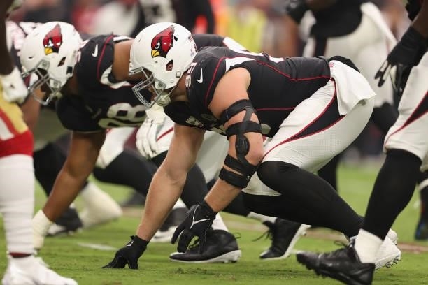 Defensive end J.J. Watt of the Arizona Cardinals lines up during the NFL game at State Farm Stadium on October 10, 2021 in Glendale, Arizona. The...