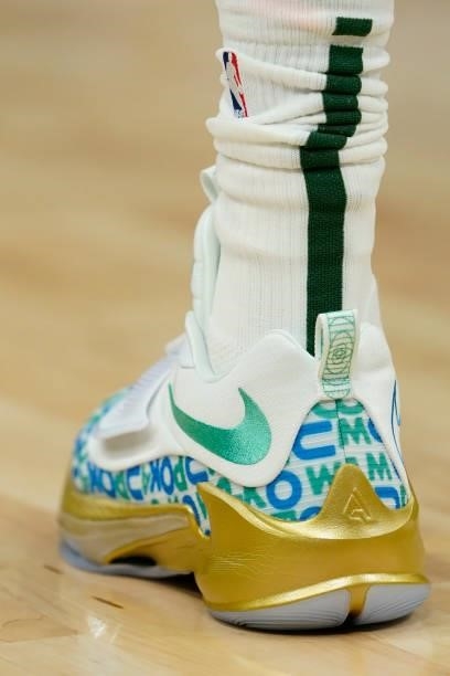 Detail view of the Nike basketball shoes worn by Giannis Antetokounmpo of the Milwaukee Bucks as he works out before a preseason game against the...