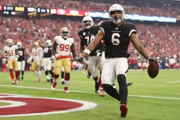 Running back James Conner of the Arizona Cardinals reacts after scoring a one-yard rushing touchdown against the San Francisco 49ers during the NFL...