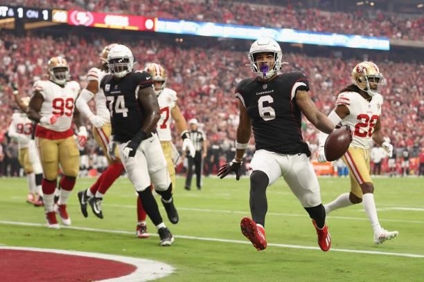 Running back James Conner of the Arizona Cardinals reacts after scoring a one-yard rushing touchdown against the San Francisco 49ers during the NFL...