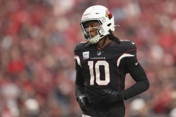 Wide receiver DeAndre Hopkins of the Arizona Cardinals during the NFL game at State Farm Stadium on October 10, 2021 in Glendale, Arizona. The...