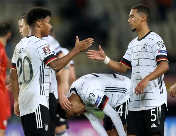 Karim Adeyemi and Thilo Kehrer of Germany celebrate after the 2022 FIFA World Cup Qualifier match between North Macedonia and Germany at National...