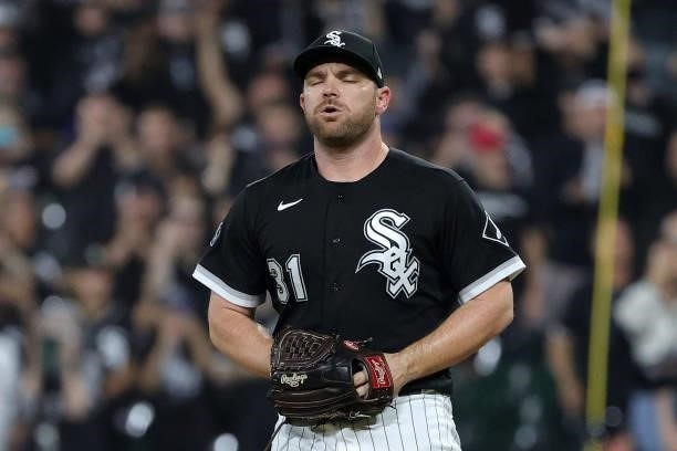Liam Hendriks of the Chicago White Sox prepares to throw a pitch against the Houston Astros during game three of the American League Division Series...