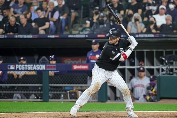 Yasmani Grandal of the Chicago White Sox at bat against the Houston Astros during game three of the American League Division Series at Guaranteed...