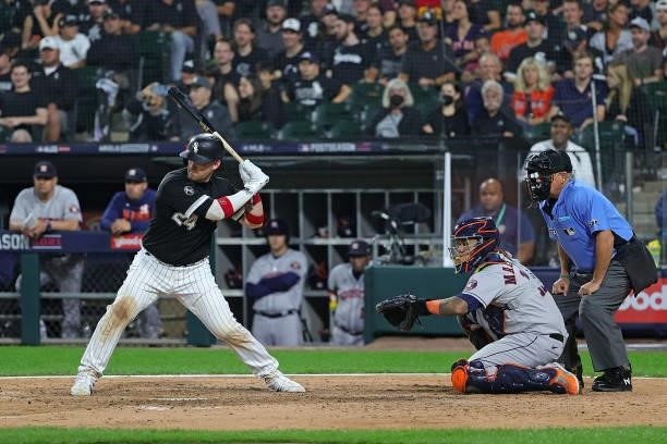 Yasmani Grandal of the Chicago White Sox at bat against the Houston Astros during game three of the American League Division Series at Guaranteed...