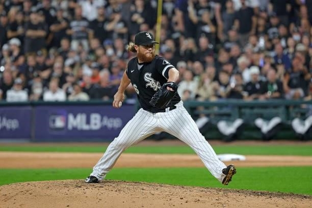 Craig Kimbrel of the Chicago White Sox throws a pitch against the Houston Astros during game three of the American League Division Series at...