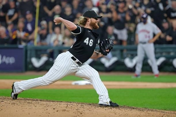 Craig Kimbrel of the Chicago White Sox throws a pitch against the Houston Astros during game three of the American League Division Series at...