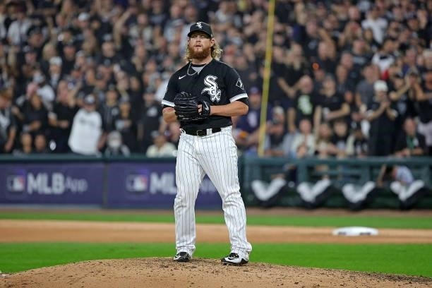 Craig Kimbrel of the Chicago White Sox prepares to throw a pitch against the Houston Astros during game three of the American League Division Series...