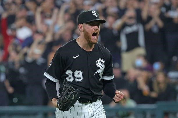 Aaron Bummer of the Chicago White Sox reacts to a strike out against the Houston Astros during game three of the American League Division Series at...