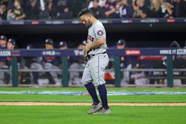 Jose Altuve of the Houston Astros walks across the field during game three of the American League Division Series against the Chicago White Sox at...