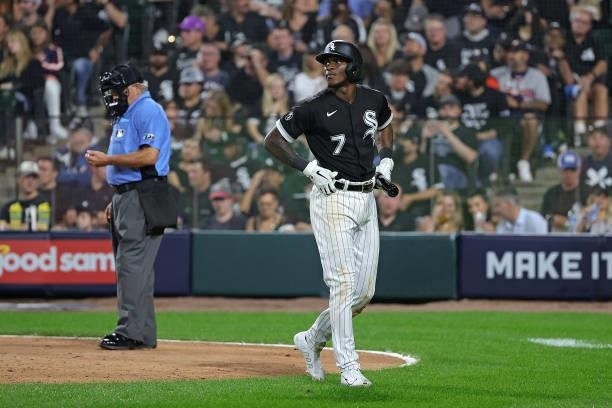 Tim Anderson of the Chicago White Sox walks to the dugout during game three of the American League Division Series against the Houston Astros at...