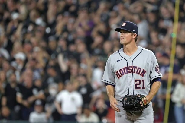 Zack Greinke of the Houston Astros prepares to throw a pitch against the Chicago White Sox during game three of the American League Division Series...