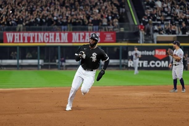 Luis Robert of the Chicago White Sox runs the bases during game three of the American League Division Series against the Houston Astros at Guaranteed...