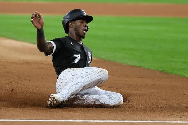 Tim Anderson of the Chicago White Sox slides into third base during game three of the American League Division Series against the Houston Astros at...