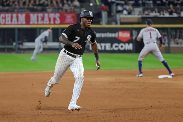 Tim Anderson of the Chicago White Sox runs the bases during game three of the American League Division Series against the Houston Astros at...