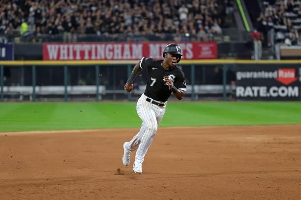 Tim Anderson of the Chicago White Sox runs the bases during game three of the American League Division Series against the Houston Astros at...