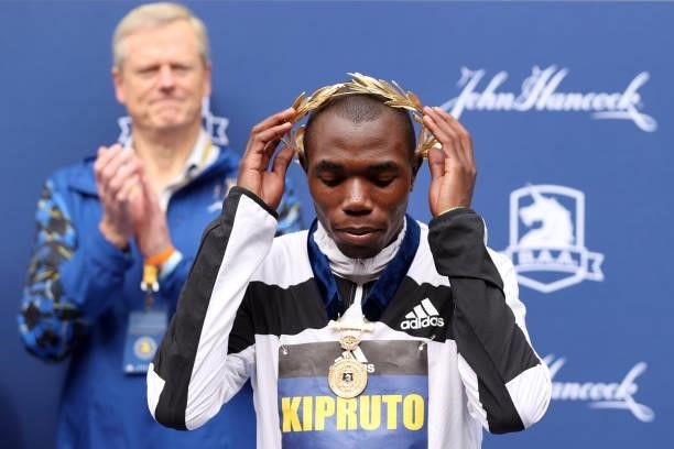 Benson Kipruto of Kenya reacts after winning the 125th Boston Marathon on October 11, 2021 in Boston, Massachusetts.