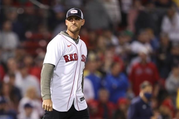 Former Boston Red Sox third baseman from the 2013 World Series Championship team Will Middlebrooks looks on after throwing out the first pitch for...