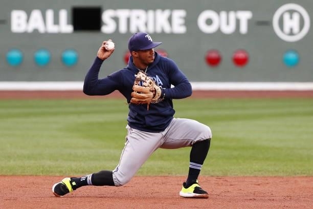 Wander Franco of the Tampa Bay Rays warms up prior to Game 4 of the American League Division Seriesa gainst the Boston Red Sox at Fenway Park on...