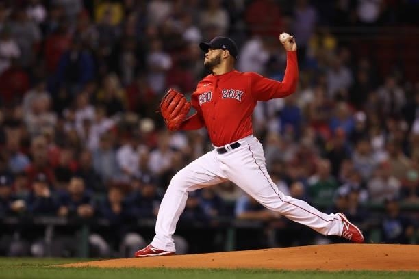 Eduardo Rodriguez of the Boston Red Sox pitches in the first inning against the Tampa Bay Rays during Game 4 of the American League Division Series...