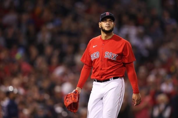 Eduardo Rodriguez of the Boston Red Sox walks to the dugout after pitching in the first inning against the Tampa Bay Rays during Game 4 of the...