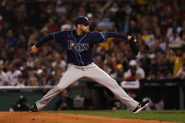 Collin McHugh of the Tampa Bay Rays pitches in the first inning against the Boston Red Sox during Game 4 of the American League Division Series at...