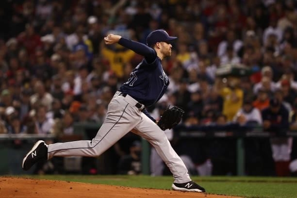 Collin McHugh of the Tampa Bay Rays pitches in the first inning against the Boston Red Sox during Game 4 of the American League Division Series at...