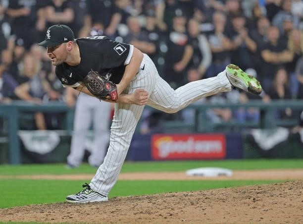 Liam Hendriks of the Chicago White Sox pitches against the Houston Astros at Guaranteed Rate Field on October 10, 2021 in Chicago, Illinois. The...