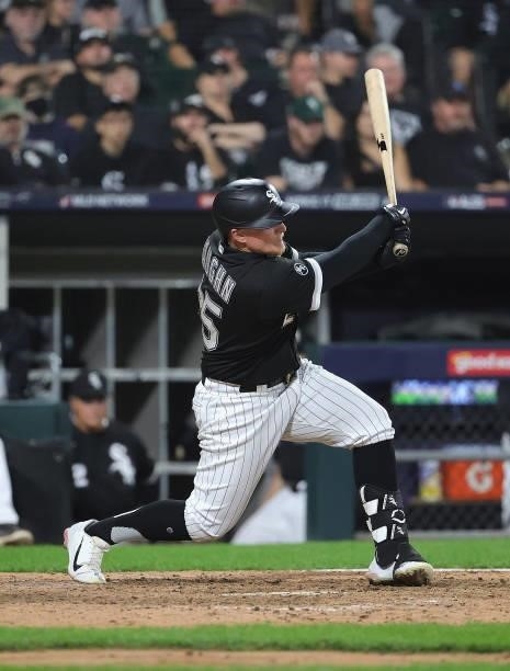 Andrew Vaughn of the Chicago White Sox hits a run scoring double against the Houston Astros at Guaranteed Rate Field on October 10, 2021 in Chicago,...