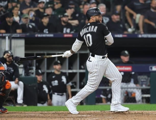 Yoan Moncada of the Chicago White Sox bats against the Houston Astros at Guaranteed Rate Field on October 10, 2021 in Chicago, Illinois. The White...