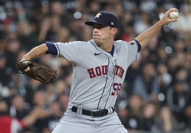 Brooks Raley of the Houston Astros pitches against the Chicago White Sox at Guaranteed Rate Field on October 10, 2021 in Chicago, Illinois. The White...