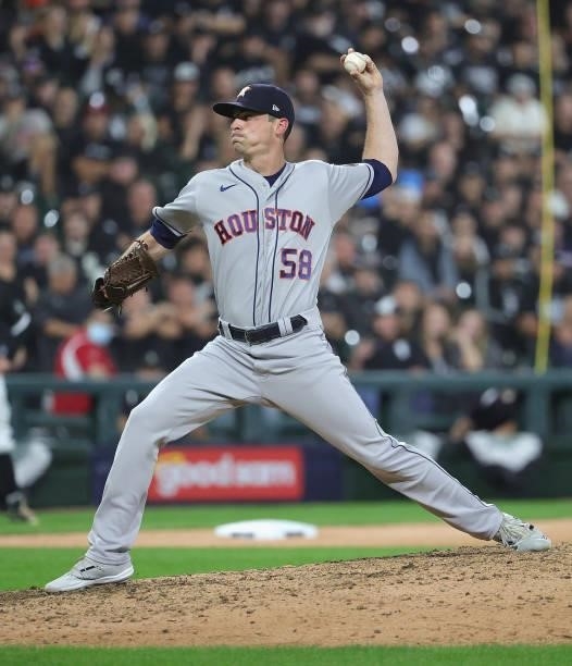 Brooks Raley of the Houston Astros pitches against the Chicago White Sox at Guaranteed Rate Field on October 10, 2021 in Chicago, Illinois. The White...