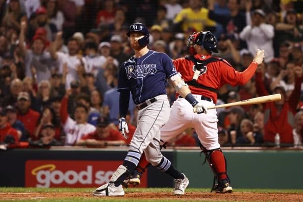 Jordan Luplow of the Tampa Bay Rays reacts after striking out in the second inning against the Boston Red Sox during Game 4 of the American League...