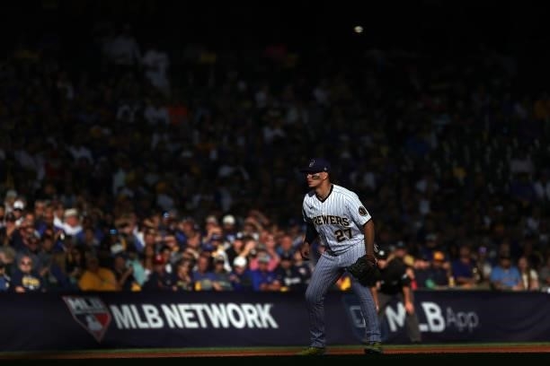 Willy Adames of the Milwaukee Brewers anticipates a pitch during game one of the National League Division Series against the Atlanta Braves at...