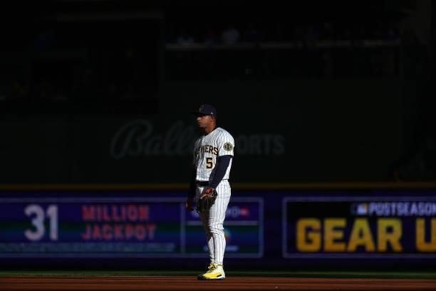 Eduardo Escobar of the Milwaukee Brewers anticipates a pitch during game one of the National League Division Series against the Atlanta Braves at...