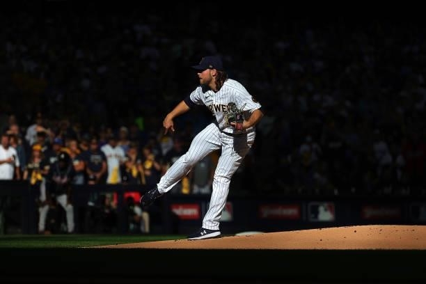 Corbin Burnes of the Milwaukee Brewers throws a pitch against the Atlanta Braves during game one of the National League Division Series at American...