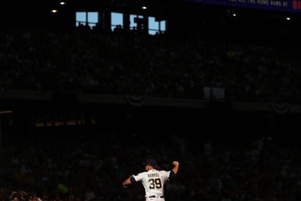 Corbin Burnes of the Milwaukee Brewers throws a pitch against the Atlanta Braves during game one of the National League Division Series at American...