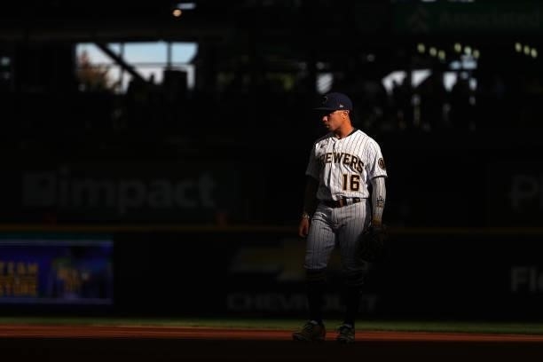 Kolten Wong of the Milwaukee Brewers anticipates a pitch during game one of the National League Division Series against the Atlanta Braves at...
