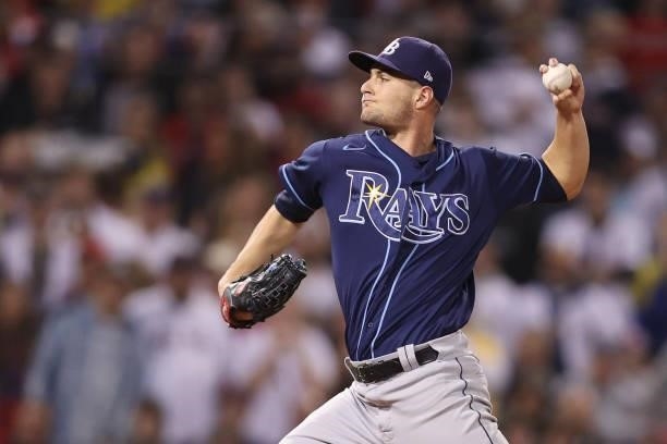 Collin McHugh of the Tampa Bay Rays pitches in the third inning against the Boston Red Sox during Game 4 of the American League Division Series at...