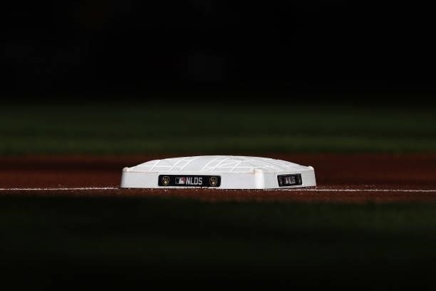 Detailed view of first base during game one of the National League Division Series between the Milwaukee Brewers and the Atlanta Braves at American...