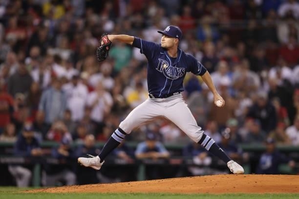 Collin McHugh of the Tampa Bay Rays pitches in the third inning against the Boston Red Sox during Game 4 of the American League Division Series at...