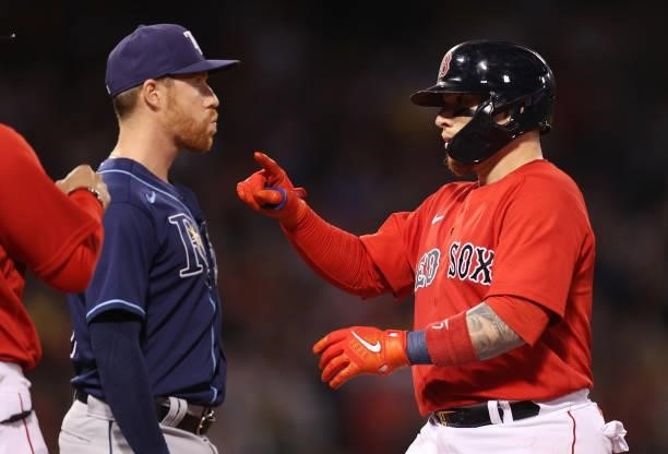 Christian Vazquez of the Boston Red Sox celebrates his single in the third inning against the Tampa Bay Rays during Game 4 of the American League...