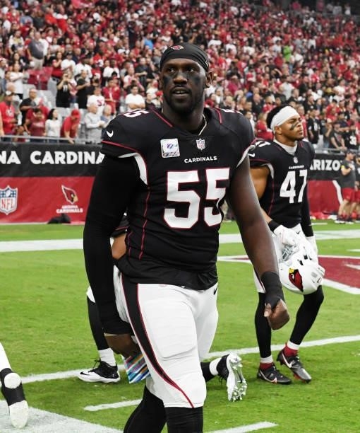 Chandler Jones of the Arizona Cardinals walks along the sidelines prior to a game against the San Francisco 49ers at State Farm Stadium on October...