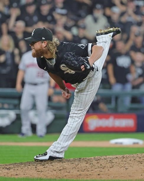 Craig Kimbrel of the Chicago White Sox pitches against the Houston Astros at Guaranteed Rate Field on October 10, 2021 in Chicago, Illinois. The...