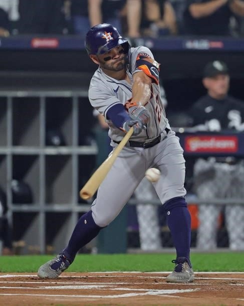 Jose Altuve of the Houston Astros bats against the Chicago White Sox at Guaranteed Rate Field on October 10, 2021 in Chicago, Illinois. The White Sox...