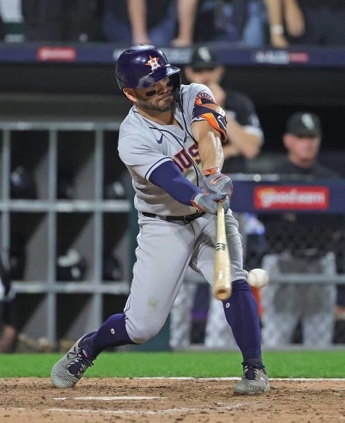 Jose Altuve of the Houston Astros bats against the Chicago White Sox at Guaranteed Rate Field on October 10, 2021 in Chicago, Illinois. The White Sox...