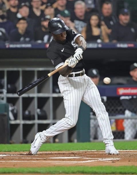 Tim Anderson of the Chicago White Sox bats against the Houston Astros at Guaranteed Rate Field on October 10, 2021 in Chicago, Illinois. The White...