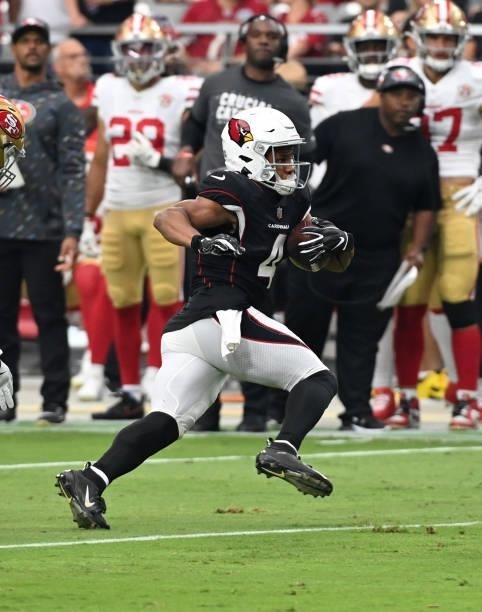 Rondale Moore of the Arizona Cardinals runs with the ball against the San Francisco 49ers at State Farm Stadium on October 10, 2021 in Glendale,...