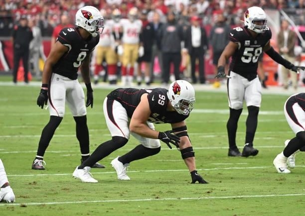 Watt of the Arizona Cardinals gets ready to rush the passer against the San Francisco 49ers at State Farm Stadium on October 10, 2021 in Glendale,...
