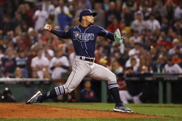 Luis Patino of the Tampa Bay Rays pitches in the sixth inning against the Boston Red Sox during Game 4 of the American League Division Series at...